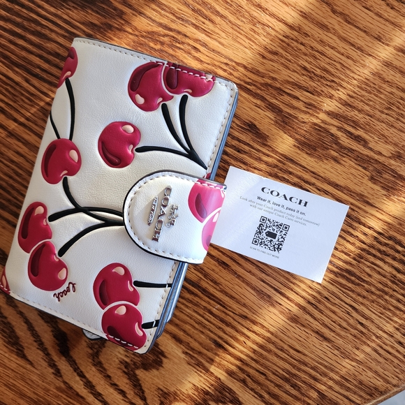 Coach Handbags - Coach Cherry Print Leather Wallet - White & Red